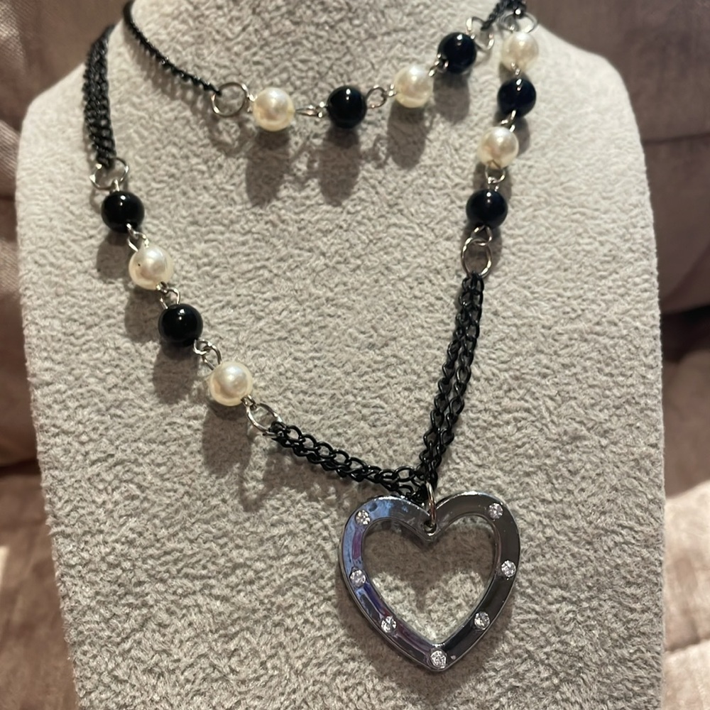 Black and White Heart Pendant Necklace with Beads lightweight 26”